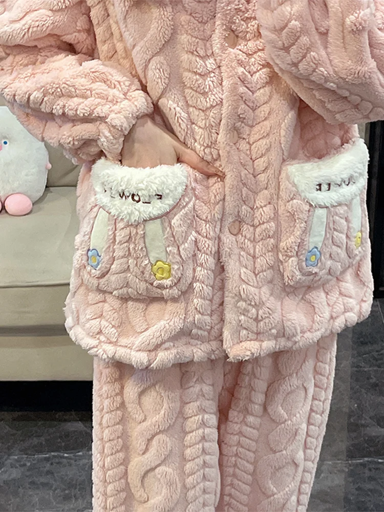 Autumn and Winter Coral Fleece Pajamas for Women Plus size Thick Warm Flannel Can Be Worn outside Spring Pink Home Wear Set