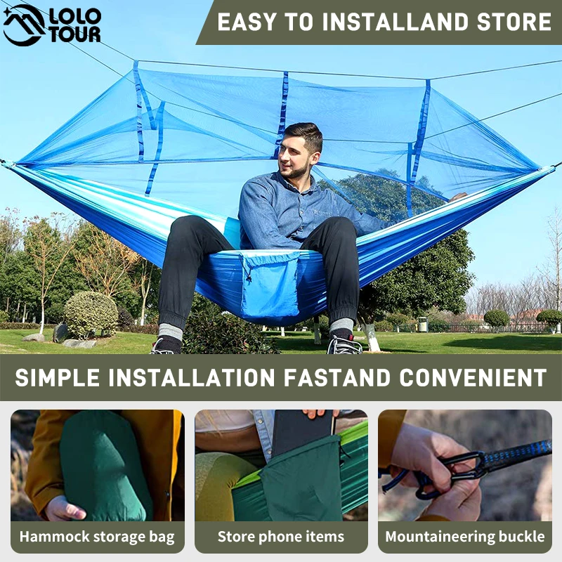 

Mosquito-Proof Mosquito Net Hammock Portable 210T Nylon Hammock With Tree Belt Use For Outdoor Beach Terrace Hiking Camping Park