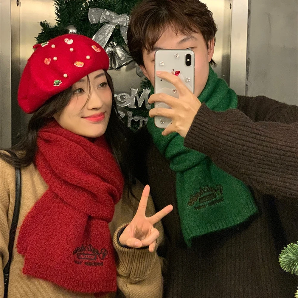 

Женский зимний теплый шарф для пар, мужской однотонный вязаный шарф для студентов, Рождественский подарок