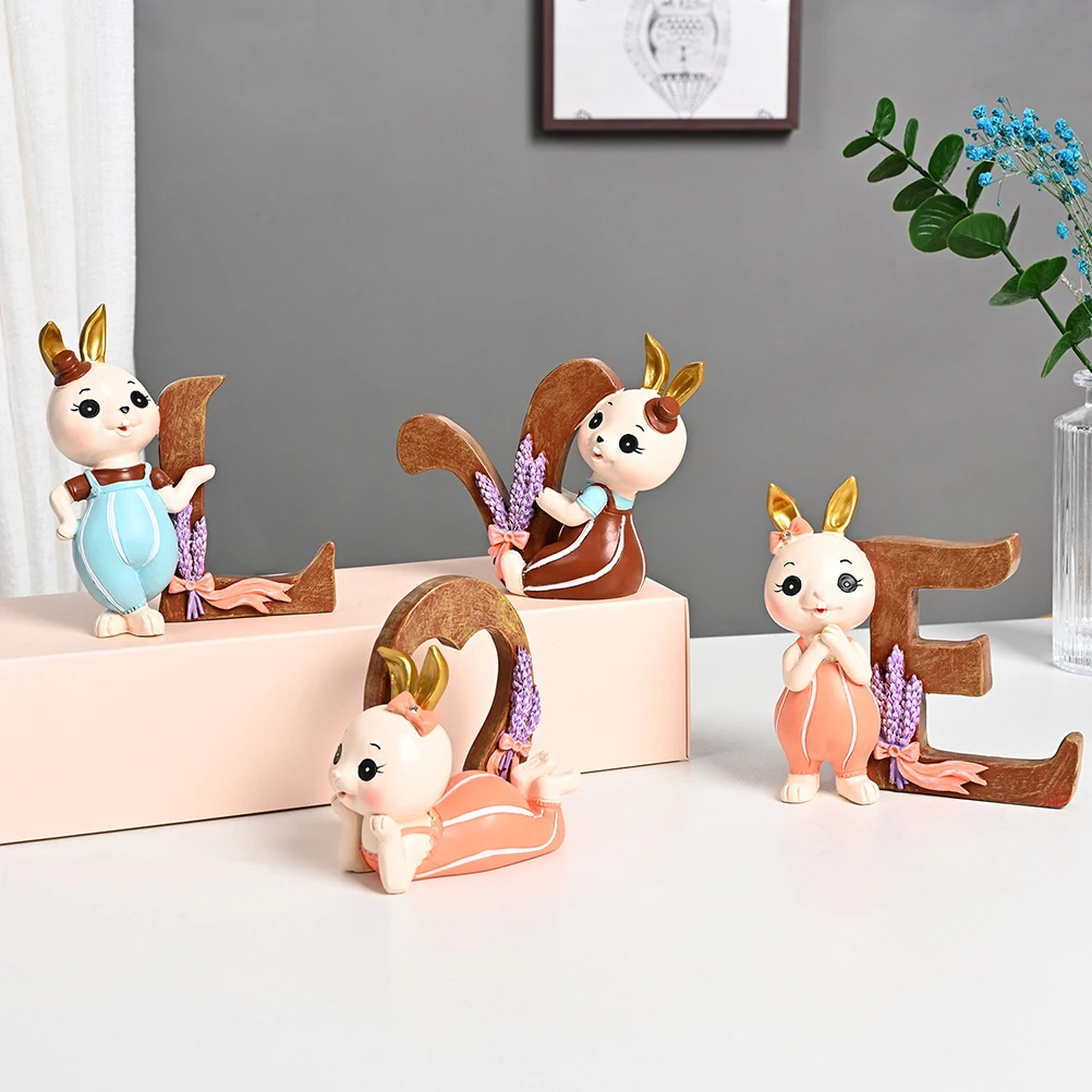 

4Pcs Cartoon Rabbit Letter Love Figurines Cute Creative Resin Ornament Rabbit Letter Love Crafts Home Valentine Day Decoration