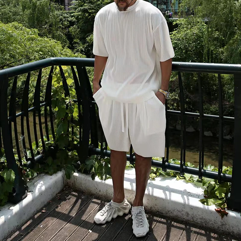 

2023 European and American Summer Men's Large Loose Set Short Sleeve Shorts Solid Color Casual Set Men's Stock