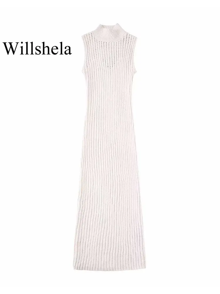 

Willshela женское модное бежевое облегающее трикотажное платье миди с высоким воротом без рукавов, женские шикарные платья