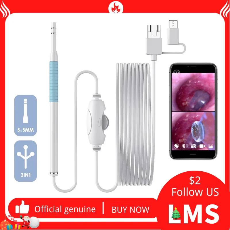 

3 In 1 Otoscope USB Earpick 1.3MP Endoscope Inspect Camera Wifi Ear Cleaning Tool HD Visual Ear Spoon for Ios Android Phone Pc