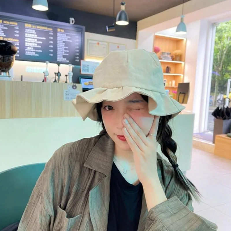 

Japanese Retro Bucket Hat Niche Pleated Lace Solid Color Fisherman Cap Summer Sunscreen Korean Fresh Dome Women's Hats
