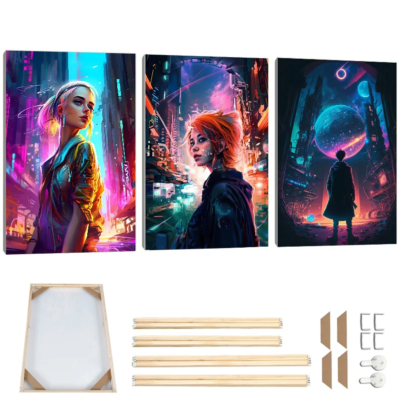 Киберпанк будущее городская девушка Картина на холсте с рамкой фиолетовая