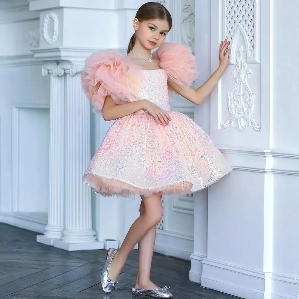 Glitter Pink Flower Girl Dress Ruffles Short Sleeves Scoop Neck Cute Baby Girl Tutu Party Gown Short Graduation Kids Prom Dress