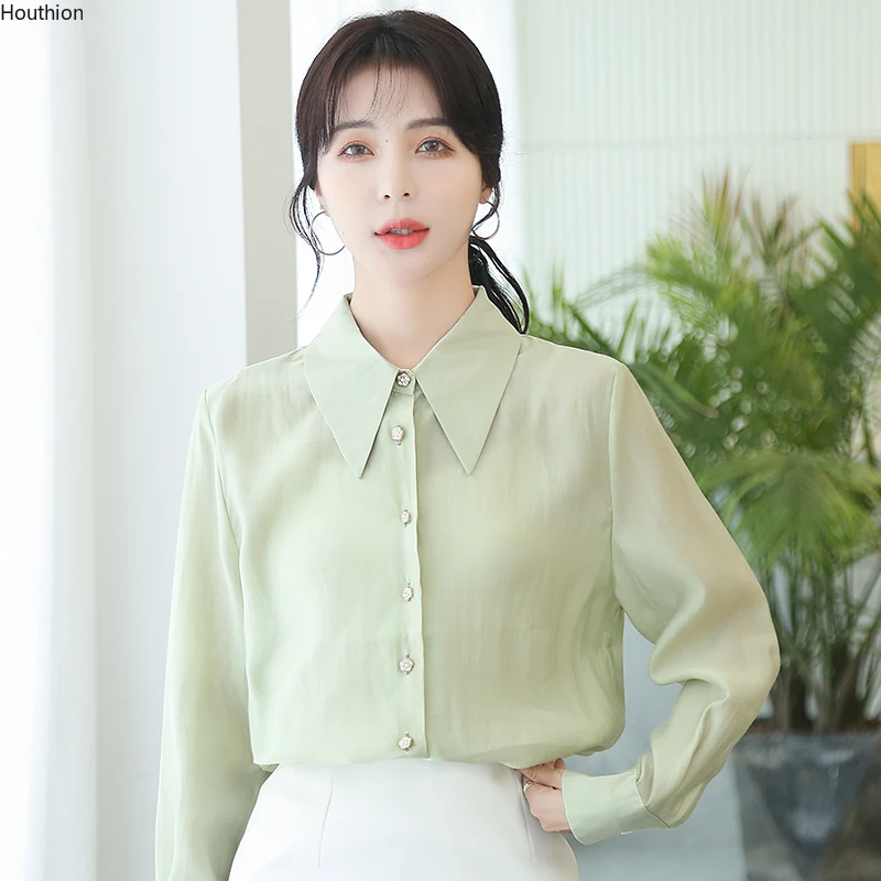 

Блузка Женская атласная с длинным рукавом, повседневный Топ, Однотонная рубашка на пуговицах, модная одежда, Houthion, на лето