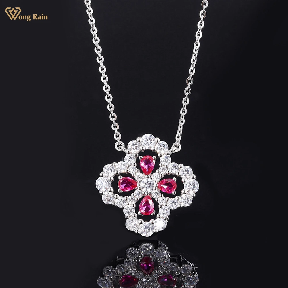 

Wong Rain, 925 пробы, серебро, четыре листа, клевер, создан, Moissanite, рубин, драгоценный камень, вечерние, подвеска, ожерелье для женщин, хорошее ювели...