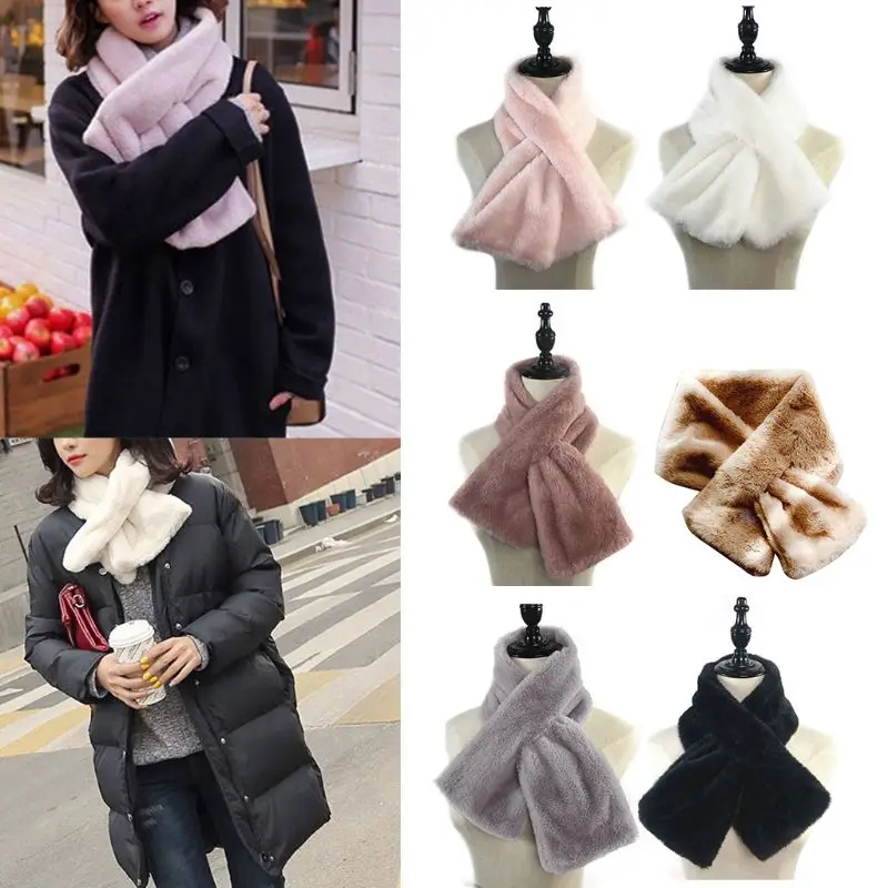 

Women Winter Warm Thicken Scarf Solid Color Faux Fur Plush Cross Collar Bib Shawl Wrap Furry Fleece Loophole Neckerchief