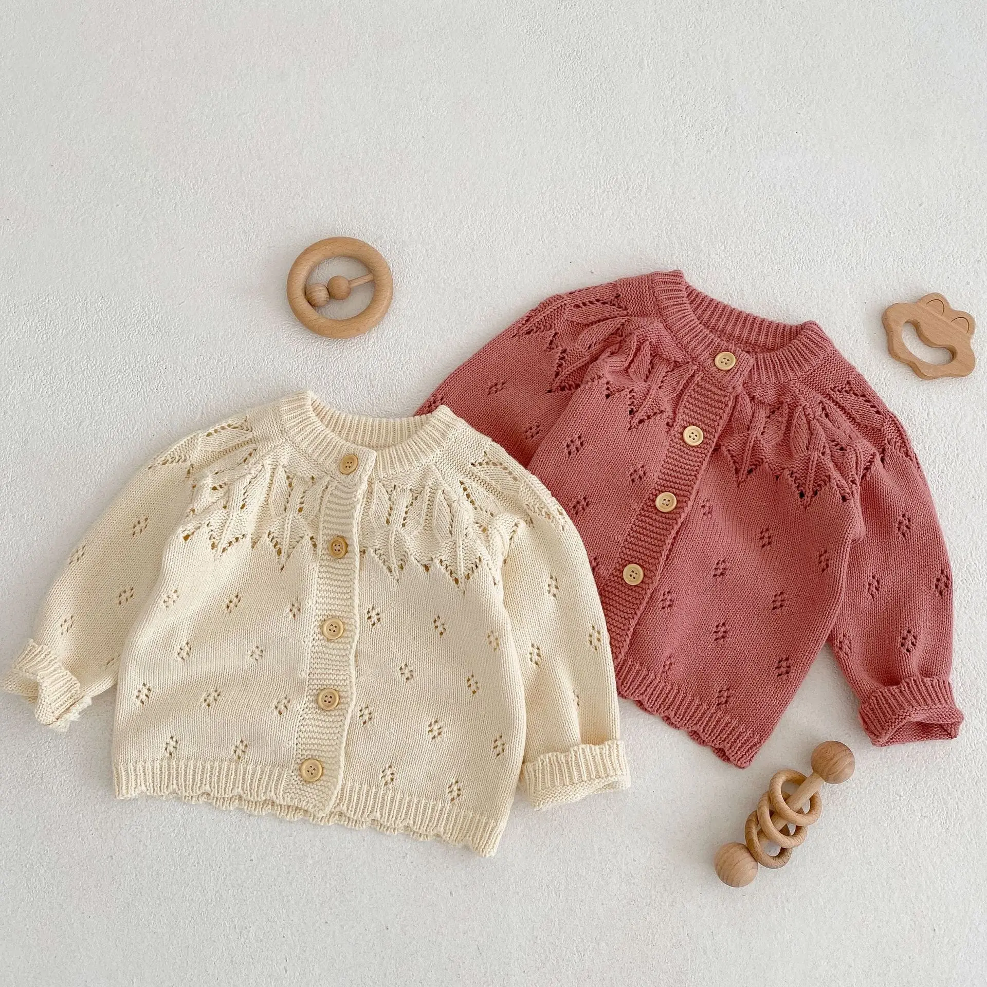 

New Hollow Out Sweet Cardigan Infant Jacquard Weave Knitted Outwear Coat Girls Baby Solid Sweater Girls 2023 Spring Jumpers