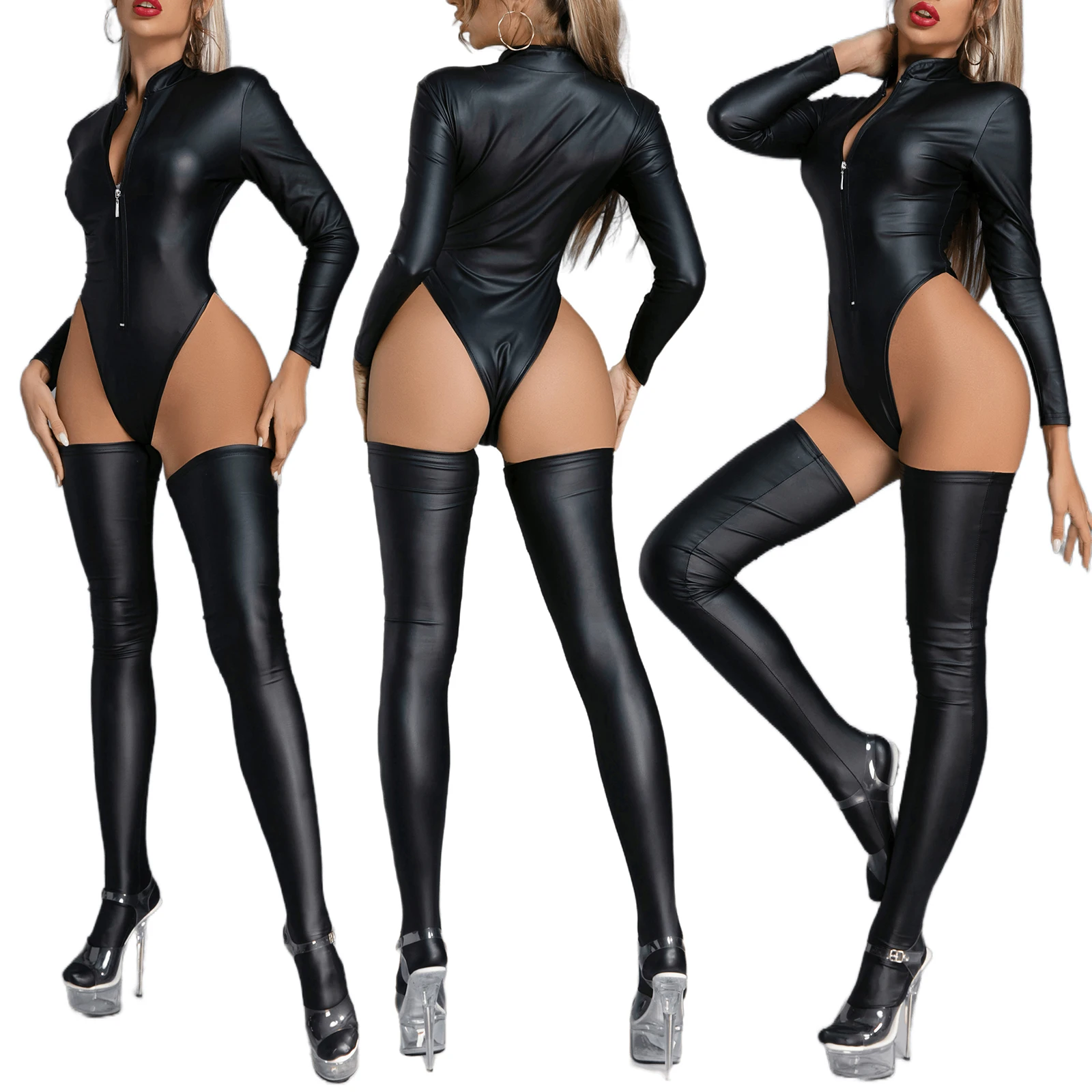 

Balck Sexy Womens PU Leather Long Sleeve Zipper Bodysuit Catsuit High Cut Leotard with Stockings Party Clubwear Rave Outfit