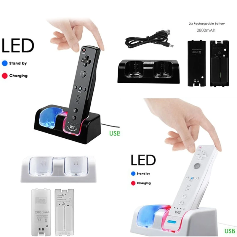 Remote Controller Dual Charging Dock Station+ 2 Batteries for Wii Gamepad, Charger with LED Light indicator
