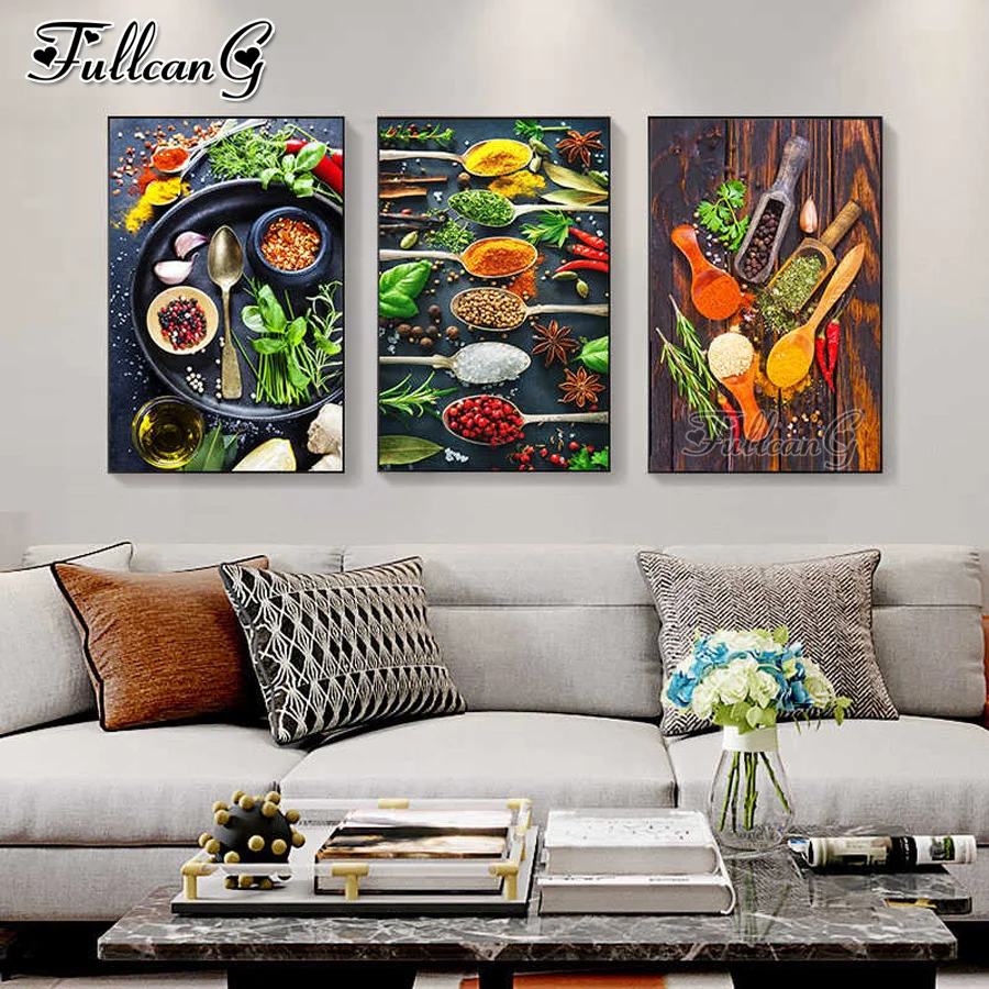 

Триптих для приправ, специй FULLCANG, алмазная живопись, вышивка крестиком, полная мозаика, вышивка, деликатесы 5D, рукоделие, искусство FG0900