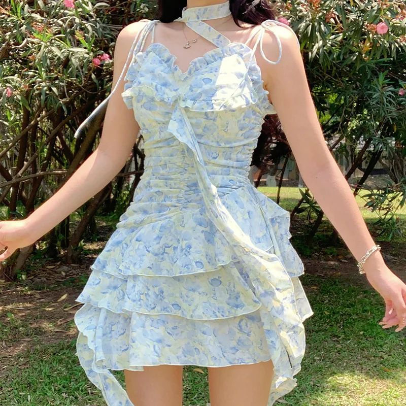 

Милое Платье для девушек с цветочным принтом на бретелях, корейское милое Плиссированное многослойное платье-мини с оборками на Подоле и за...