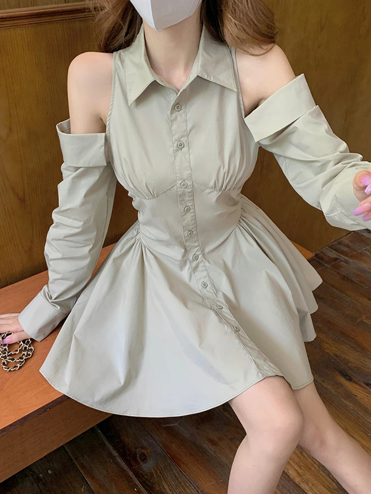 

Sexy Korean Off Shoulder Slim Waist Turn Down Collar Single Breasted Shirt Dress Solid Color Long Sleeve Mini Dress Women Summer