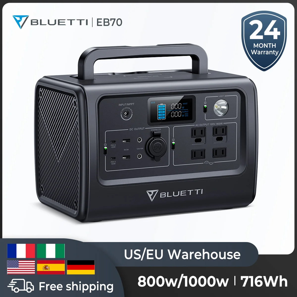 

Bluetti EB70 716Wh Portable Power Station Generator 800W/1000W Solar Generator Camping Fish LiFePO4 Battery Backup Fast Charging