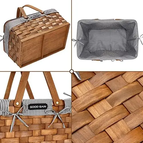

Picnic Basket for 2 with Portable Wine Table, Woven Basket with Double Swing Handles & Removable Cutlery Service Kit, Large