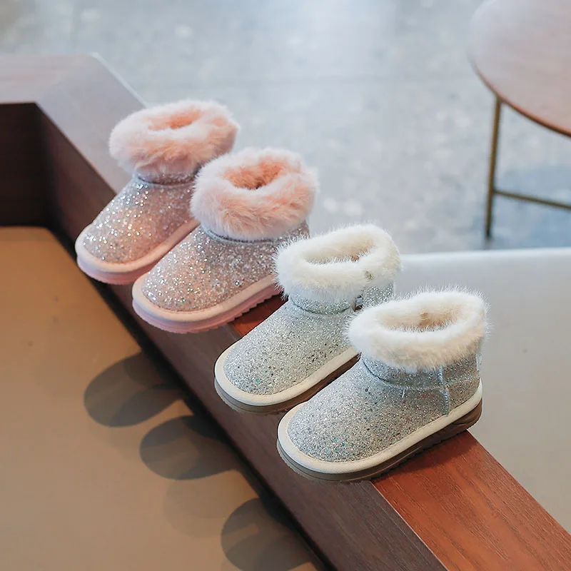 

Girls' Sequinned Cotton Snow Boots 2022 Winter New Princess Shine Plush Thickened Fashionable Children Fashion Warm Cotton Shoes
