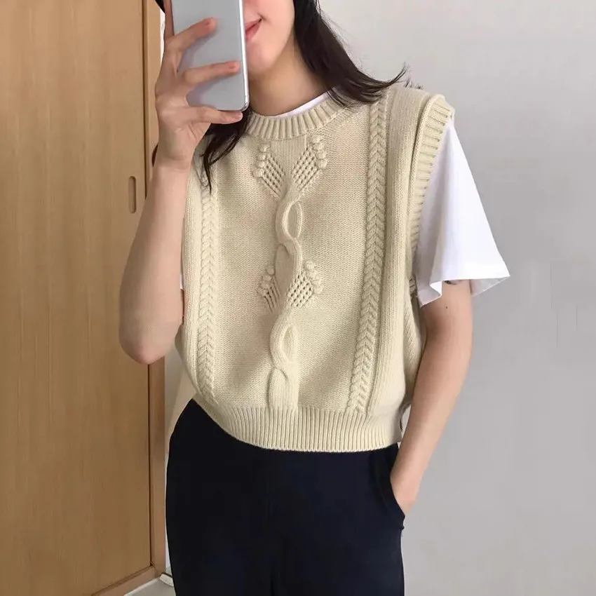 

Винтажный свитер, жилет, Женский Универсальный вязаный жилет с круглым вырезом, осенне-зимняя куртка без рукавов, жилет, вязаные жилеты для ...