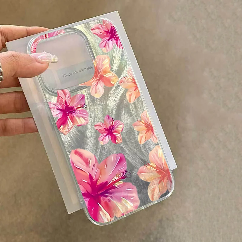 Фото Блестящий чехол для телефона для iPhone 17, 16, 15, 14, 13, 12, 11 Pro Max 16E 14 Plus 17 Air CWatercolor Hibiscus Flower Pattern Hard Cover №4