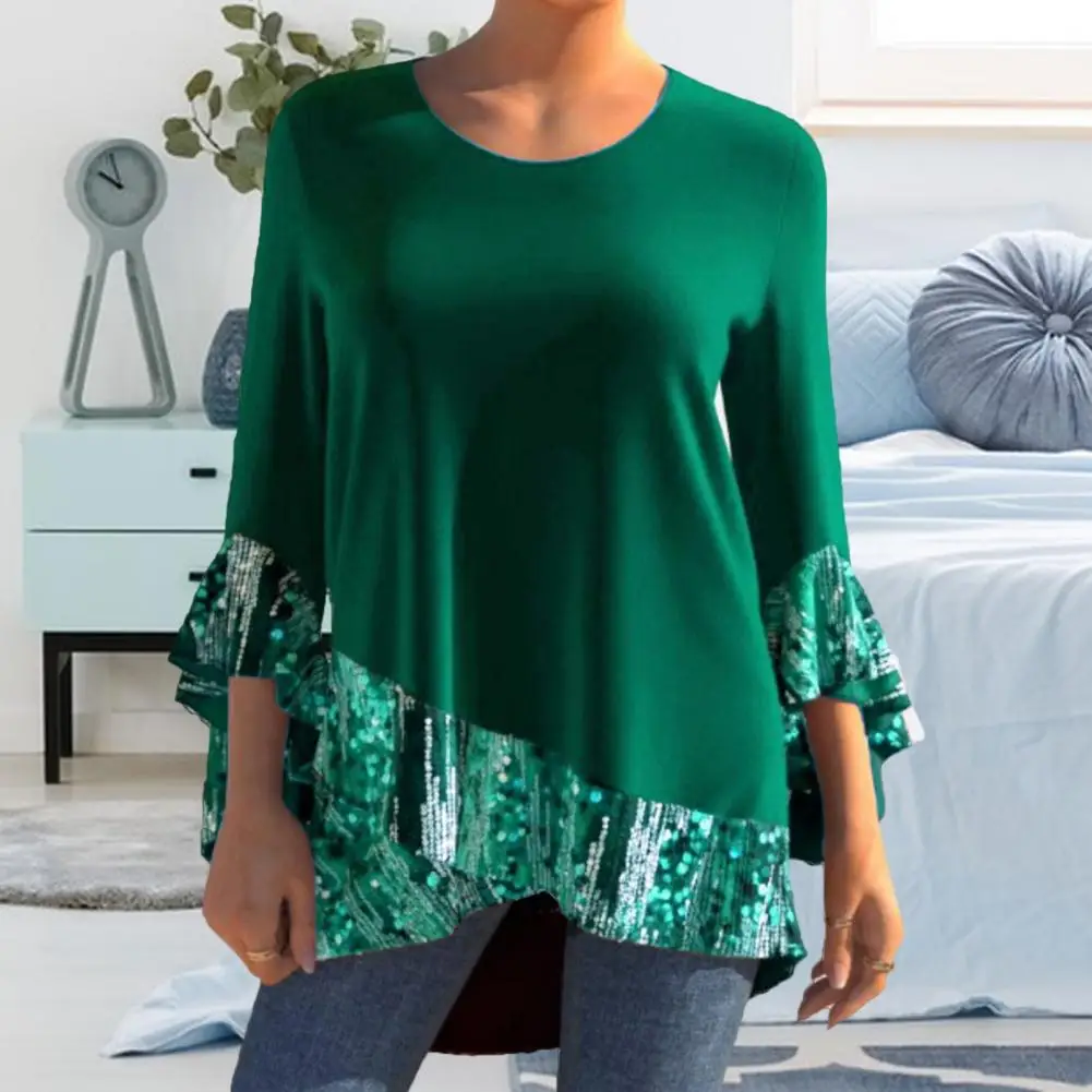 

Autumn Winter Women Blouse Sequin Patchwork Irregular Hem O Neck Shirt Commuter Style Shiny Solid Color Pullover Streetwear