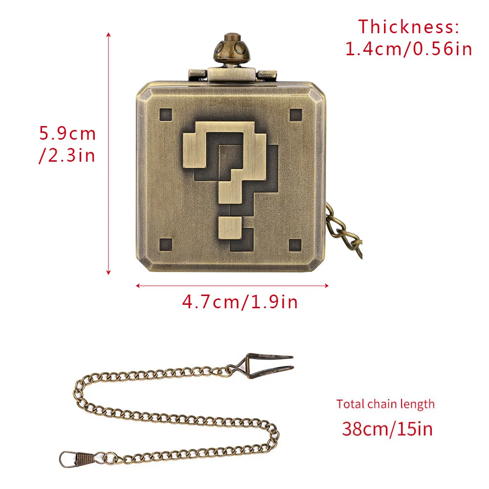 New Quartz Pocket Watch Pendant Creative Square Fun Question Mark Pattern Bronze Fob Watch Necklace Analog Clock Gift for Men
