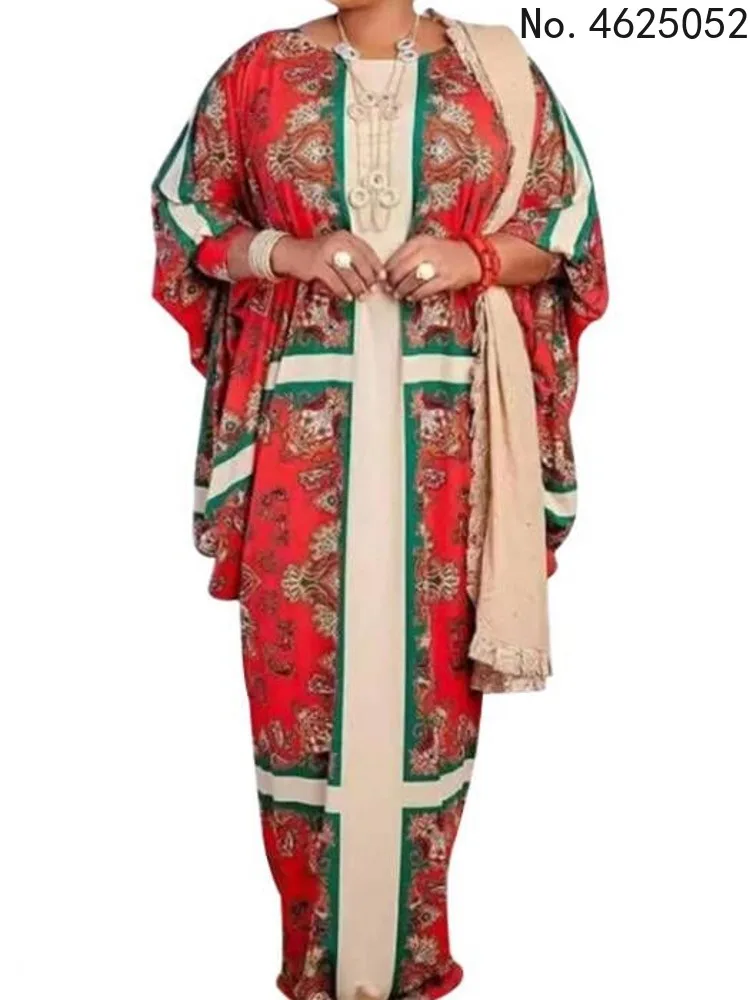 

Turkey Nigeria Traditional Ladies Caftan Dress African Dresses for Women Vintage Print Bat Sleeve Loose Abaya Musulman Boubou