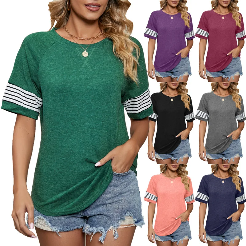 

Summer New Striped Splicing Loose Crew Neck Short Sleeve T-shirt Top