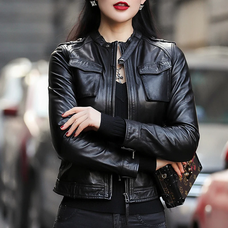 Женская байкерская куртка из 100% натуральной овечьей кожи с коротким рукавом