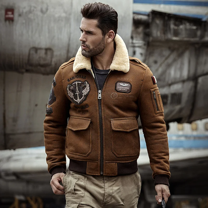 

Coat Shearling Leather Sheepskin Genuine male B3 Bomber Jacket Retro Aviator Outerwear Trench Flight Men Thick Winter Jacket