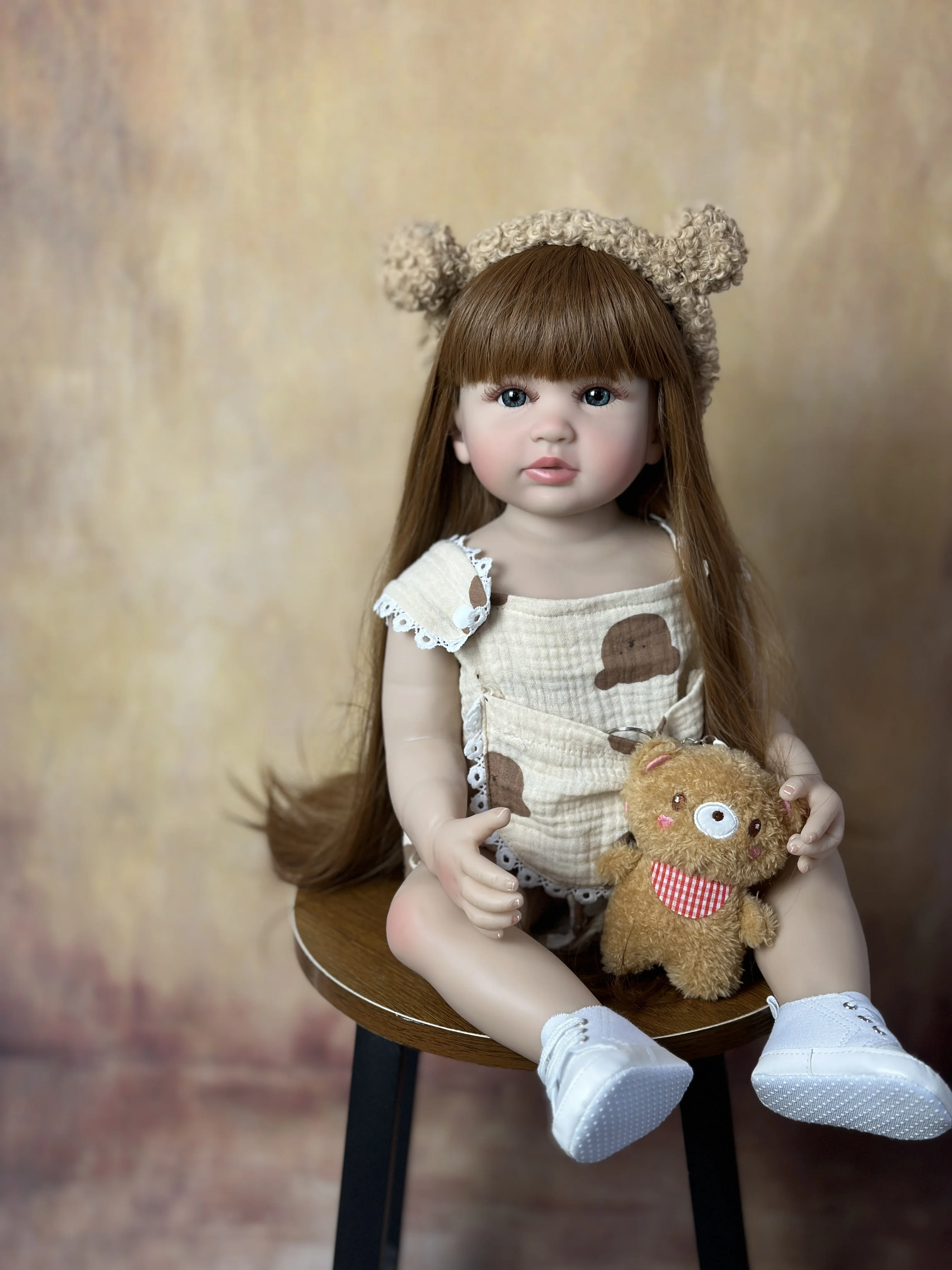 Realistic Lifelike 55 CM 22 Inch Reborn Baby Girl Doll Toy Full Silicone Body Brown Long Hair Princess Toddler Bebe