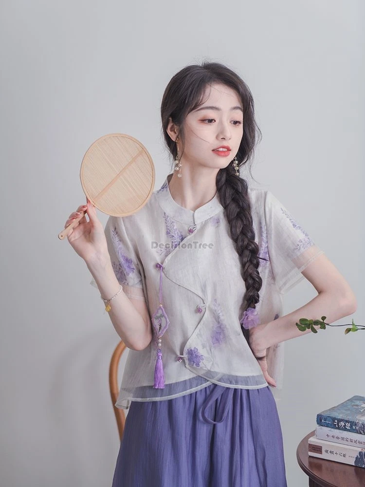 2024 новый китайский стиль нерегулярный дизайн блузка Cheongsam с короткими рукавами +