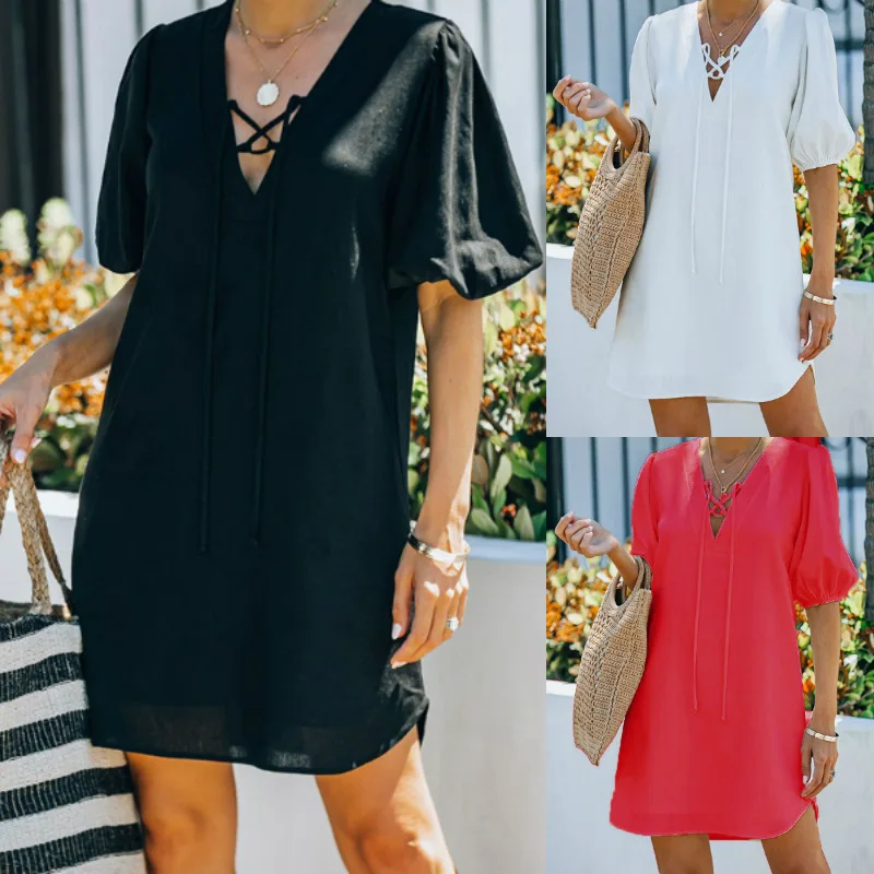 

2022 summer European and American Solid Color Bubble Sleeve V-neck dress