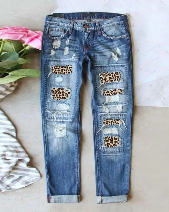 

Джинсовые брюки для женщин, Новинка лета 2023, модные повседневные рваные узкие джинсы с высокой талией и принтом гепарда, Женская универсальная уличная одежда