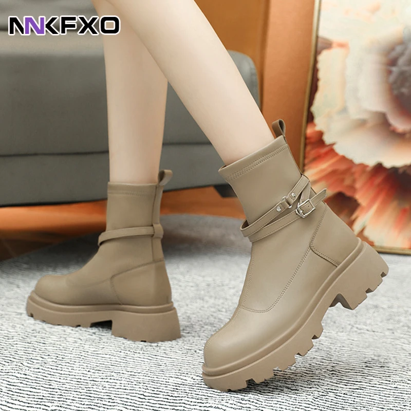 

2022 New Ankle Boots For Women Casual Ankle buckle Platform Flats Heels Fashion Short Boots Shoes Soft Leather Boot vc4904