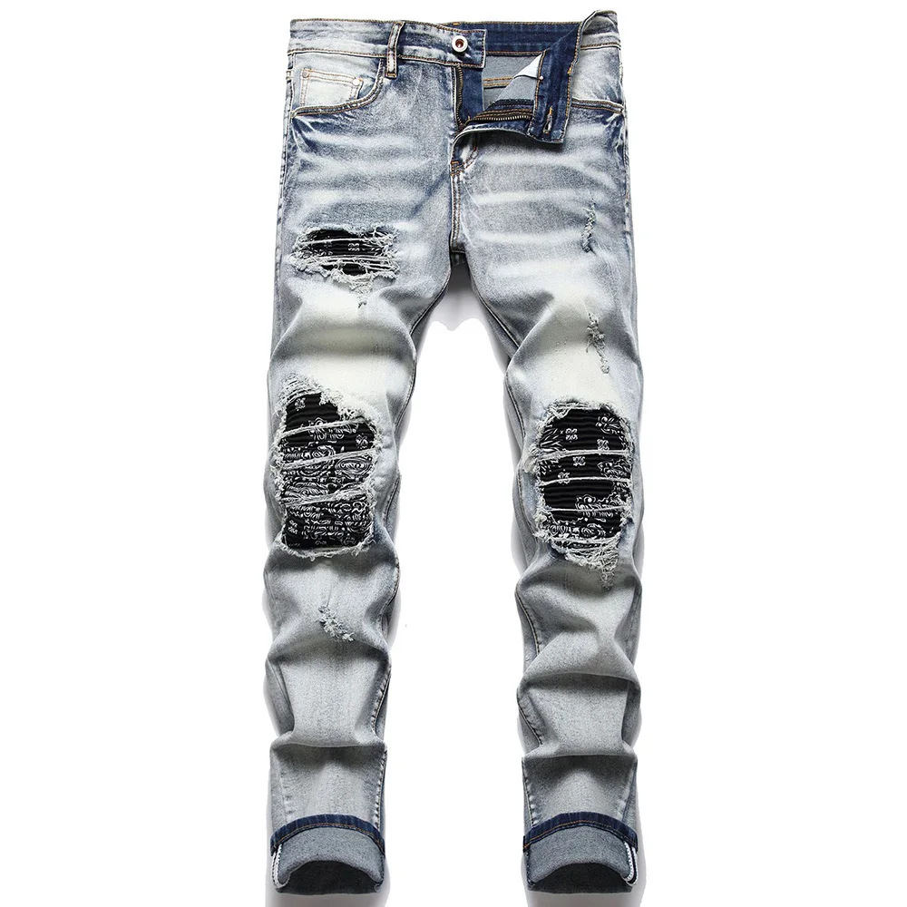 

Men Paisley Bandana Print Patch Jeans Streetwear Patchwork Holes Ripped Stretch Denim Pants Slim Straight Biker Trousers