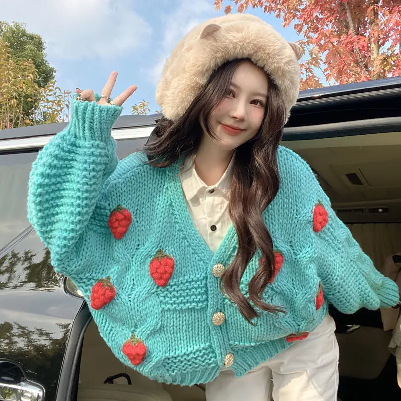 

Strawberry Spliced Sweater Women's Cardigan Coarse Wool Spring New Flower Short Knitted Cardigan