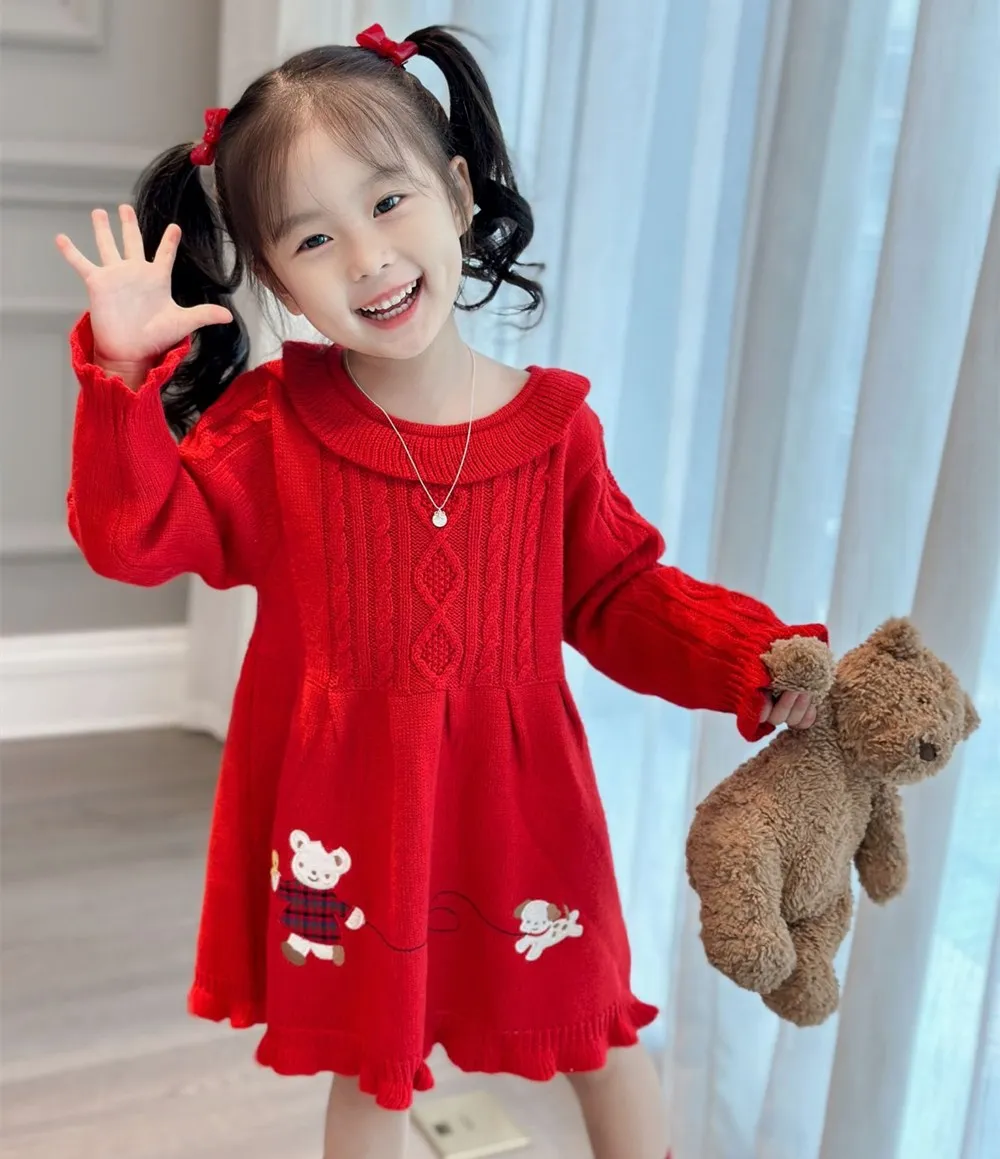 

Одежда для маленьких девочек, детские платья, мягкое милое красное платье-свитер, вязаное платье из смеси шерсти с мультяшной вышивкой