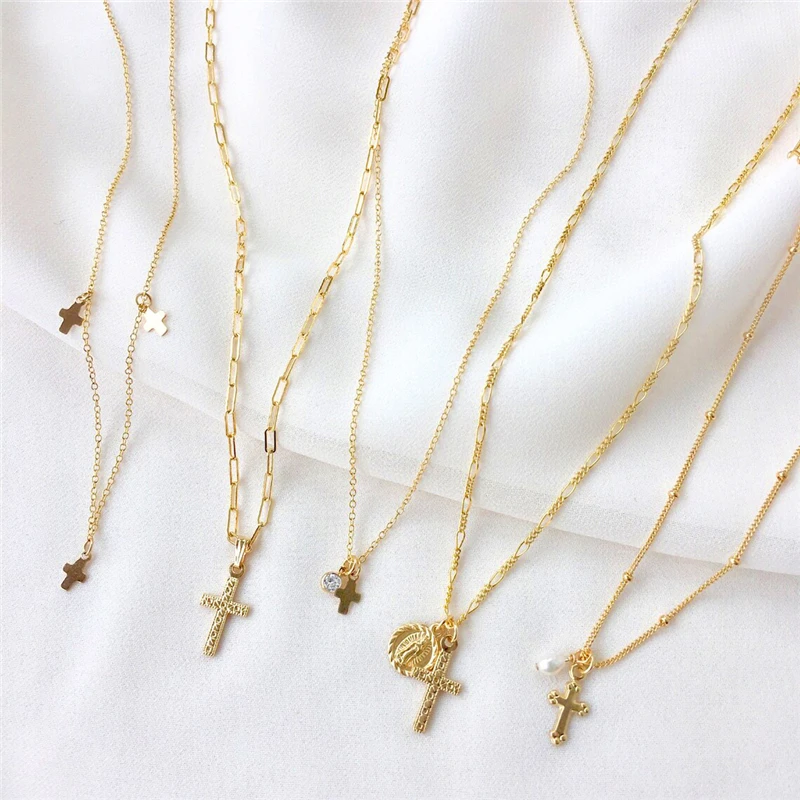 

Real 14K Gold Filled Cross Pendants Stacking Necklace Jewelry Choker Minimalism Necklace Collier Femme Kolye Boho Women Necklace