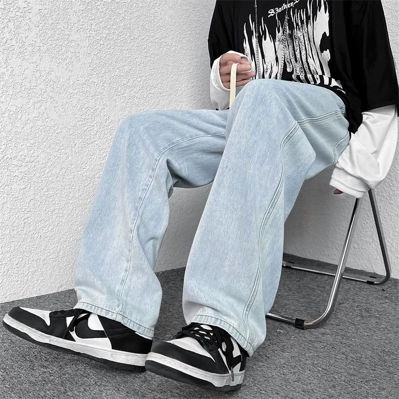 Spring/Summer Drawstring Jeans Men Fashion Casual Wide Leg Jeans Men Streetwear Korean Loose Straight Denim Pants Mens Trousers