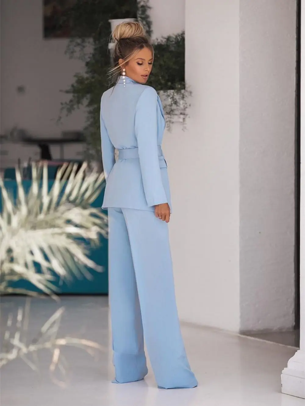 Sky Blue 2 Pieces Pants Suit with Belt Office Lady Slim Blazer & Straight Leg Trousers Fashion Duble Breasted conjuntos de calça