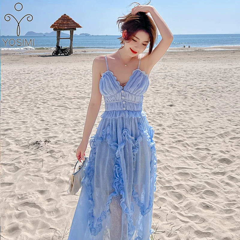 

YOSIMI 2022 Summer Blue Jacquard Long Women Beach Dress Backless Strapless Ruffles Bohe Empire V-neck Sleeveless Party Dresses