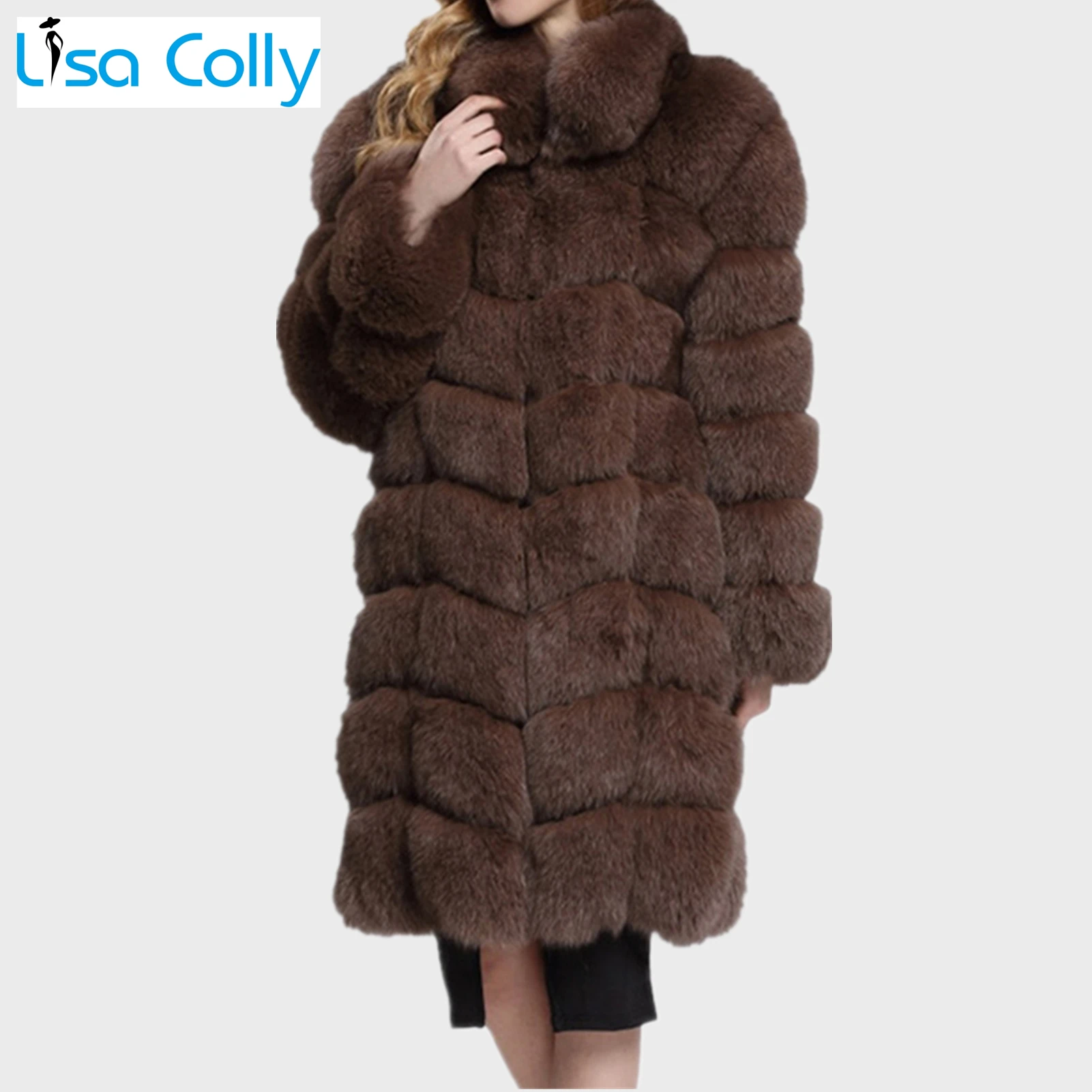 Lisa Colly Women Long Sleeves Stand Faux Fox Fur Coat Jacket Women Winter Warm Luxury Fake Fur Coat Thick Furs Coat Overcoat