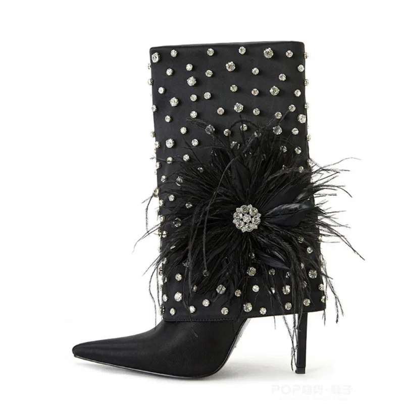 Брюки на шпильке с острым носком и стразами атласные ботинки без шнуровки до