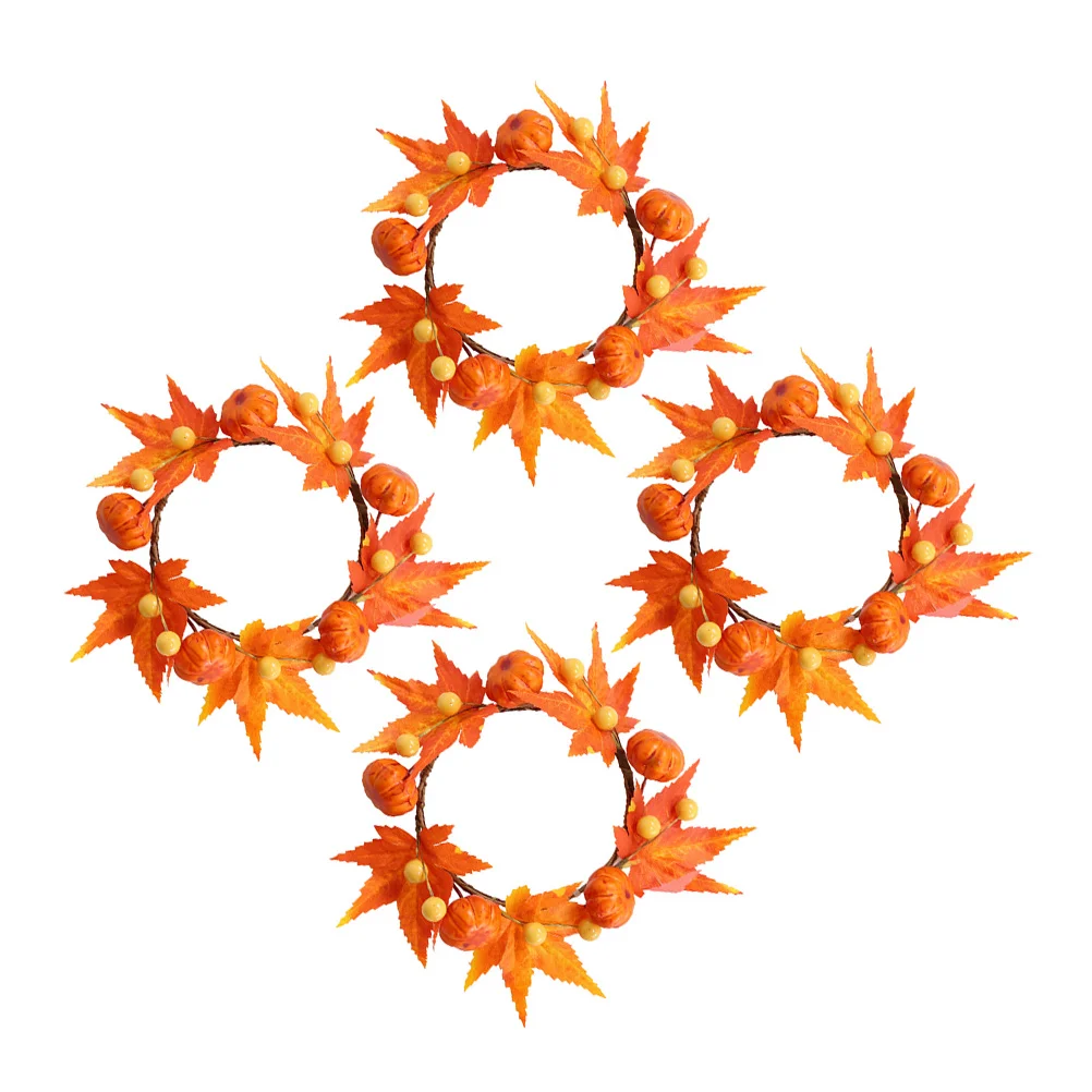 

4Pcs Fall Candle Ring Maple Leaf Pumpkin Candle Wreath for Autumn Harvest