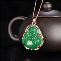 chinese natural chalcedony hand carved buddha jade pendant fashion jewelry agate female 925 silver inlaid agate necklace