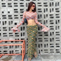 the new summer 2022 fashion round collar pullover horn long sleeves crop low waist full skirt suit for women