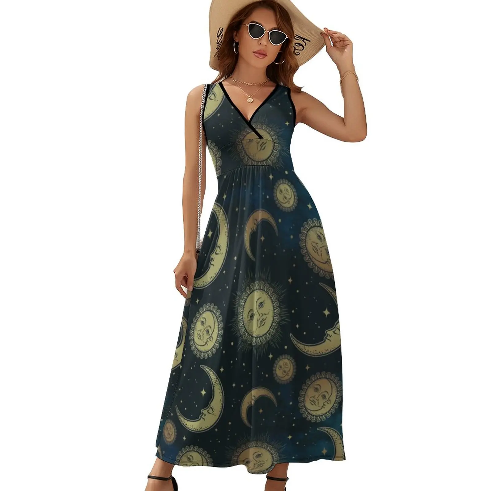 

Symbol Vintage Celestial Night Dress Moon Stars Vintage Maxi Dress V Neck Print Bohemia Long Dresses Aesthetic Oversized Vestido
