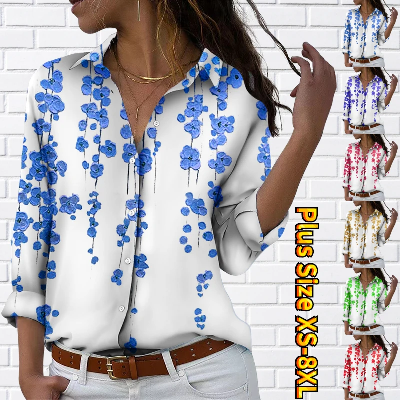 

Женская блузка в стиле ретро, элегантная повседневная Свободная рубашка с цветочным принтом, длинным рукавом и V-образным вырезом, блузка на...