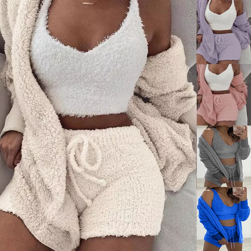 

Three Piece Sexy Fluffy Outfits Plush Velvet Hooded Cardigan Coat+Shorts+Crop Top Women Tracksuit Sets Casual Sports Sweatshirt